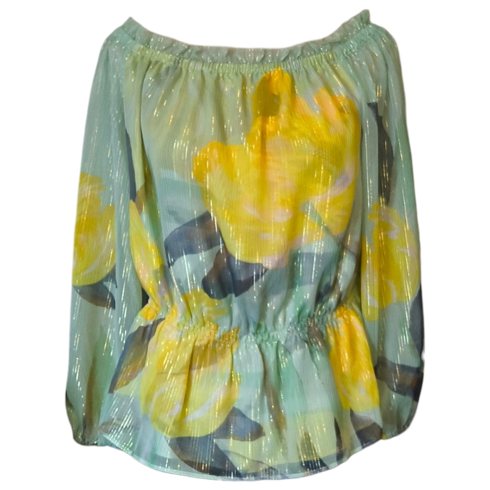 White House Black Market Floral Off the Shoulder Blouse -Green and Yellow Medium